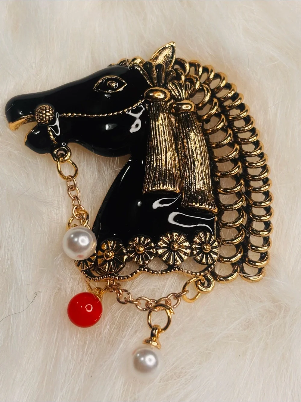 Black & Gold Horse Brooch with Dangle Accents